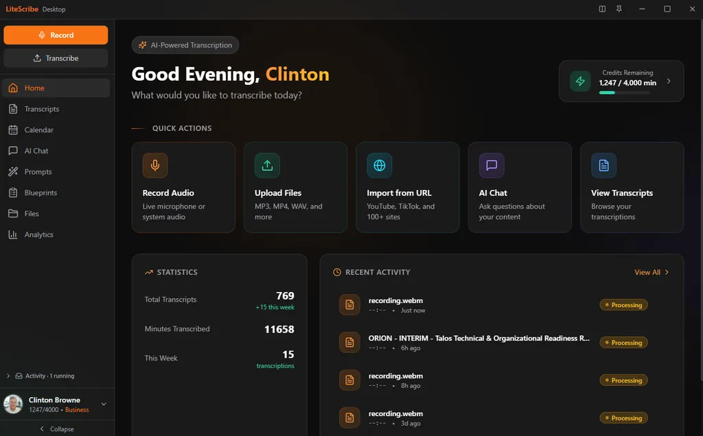 LiteScribe desktop app home dashboard in dark theme - quick actions, statistics, and recent activity