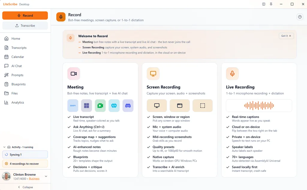 LiteScribe desktop Record screen, light theme