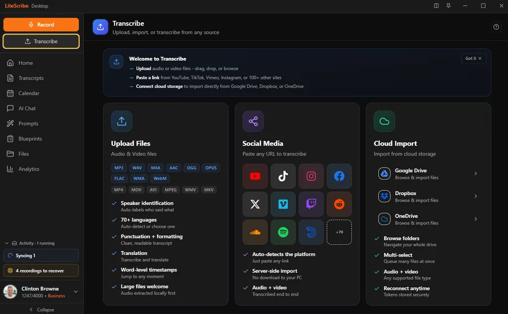 LiteScribe desktop Transcribe screen, dark theme